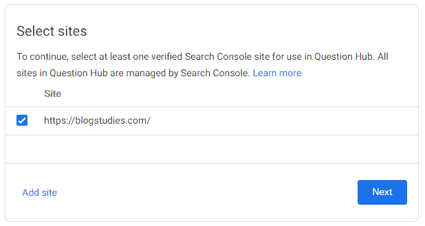 Adding Search Consol verified website to Question Hub
