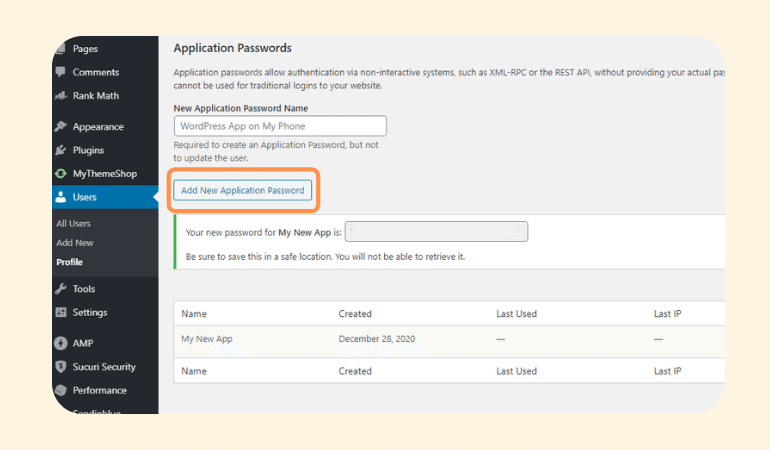 Activating application password for REST API