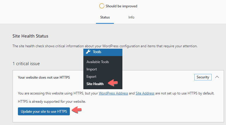 HTTP to HTTPS migration using site health tool