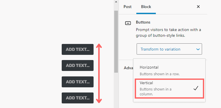 Vertical alignment enabled for button blocks in WordPress 5.7