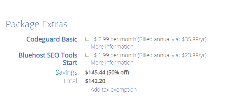 Bluehost package add-ons