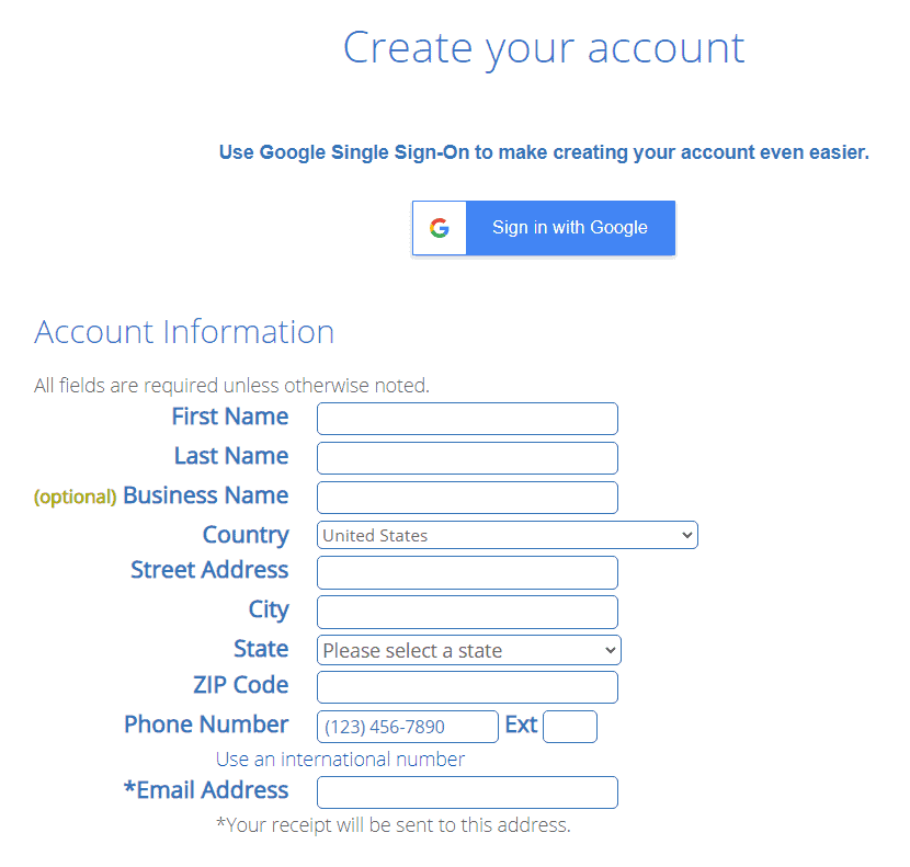 Creating account on Bluehost