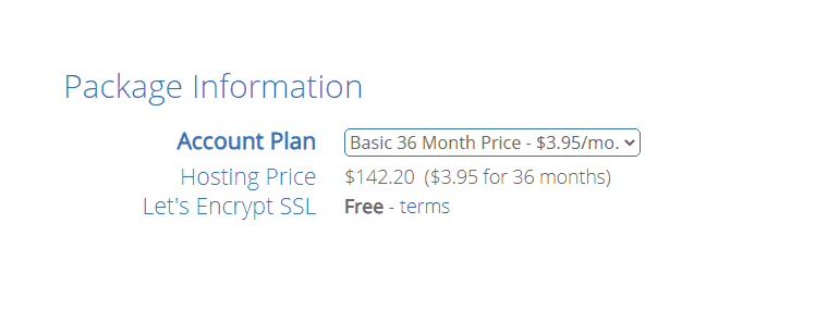 Bluehost package information