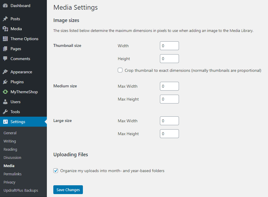 WordPress media settings