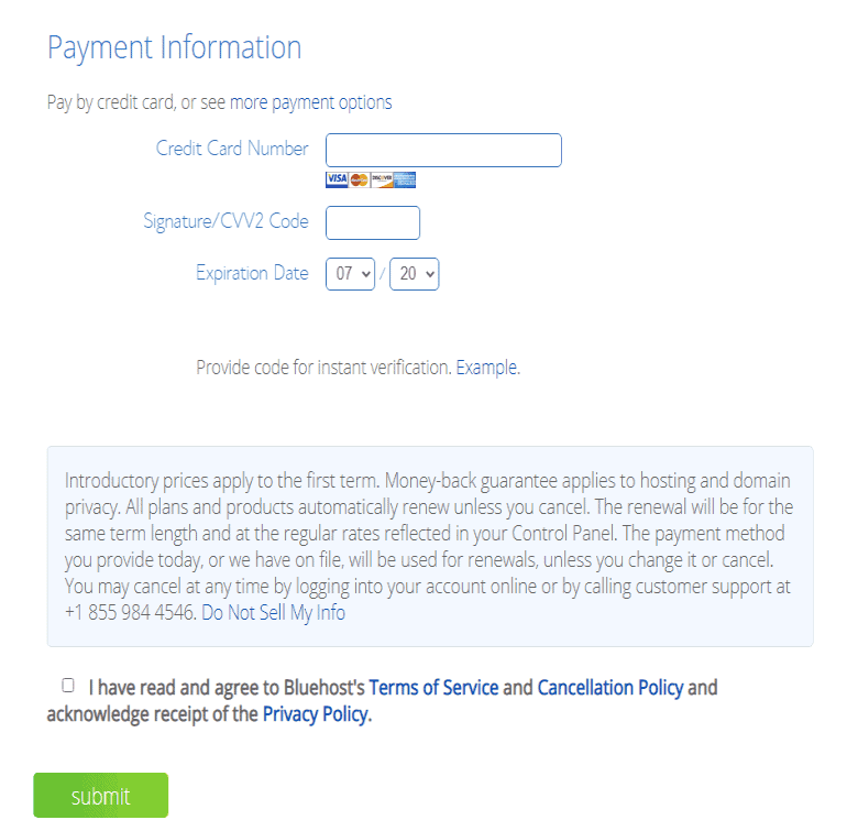 Bluehost final step for payment