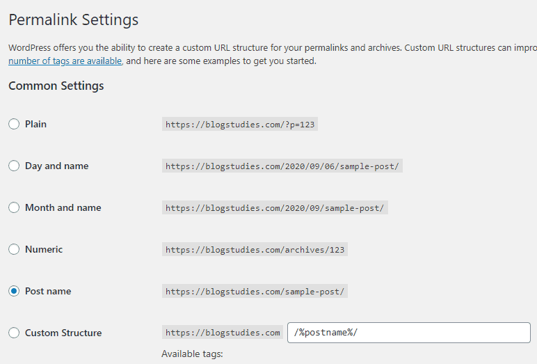 Permalink settings in WordPress