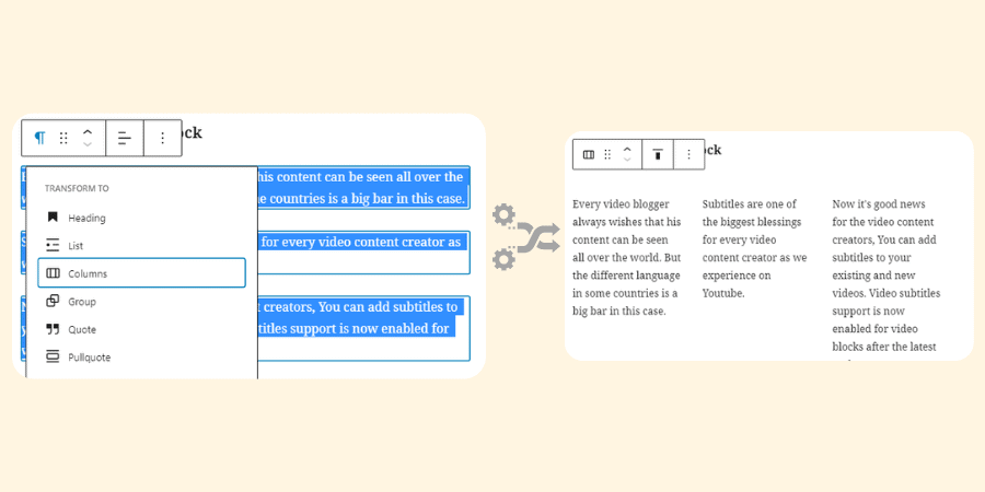 Transforming multiple blocks into column block