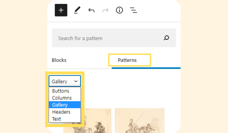 WordPress block patterns drop down list